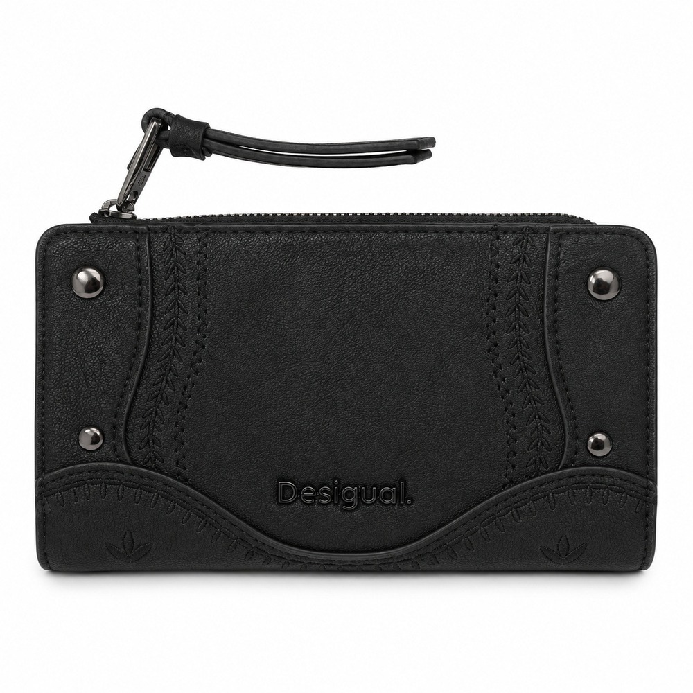 Desigual Nero Poliuretano Emma Wallet Bifold Embroidered Studded Zip Coin Pocket